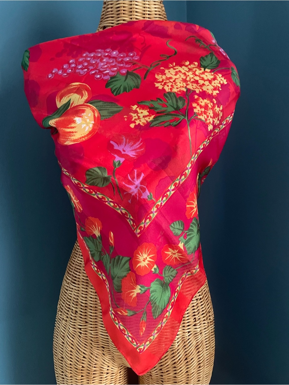 Red Floral & Fruit Square Scarf 29” x 31”